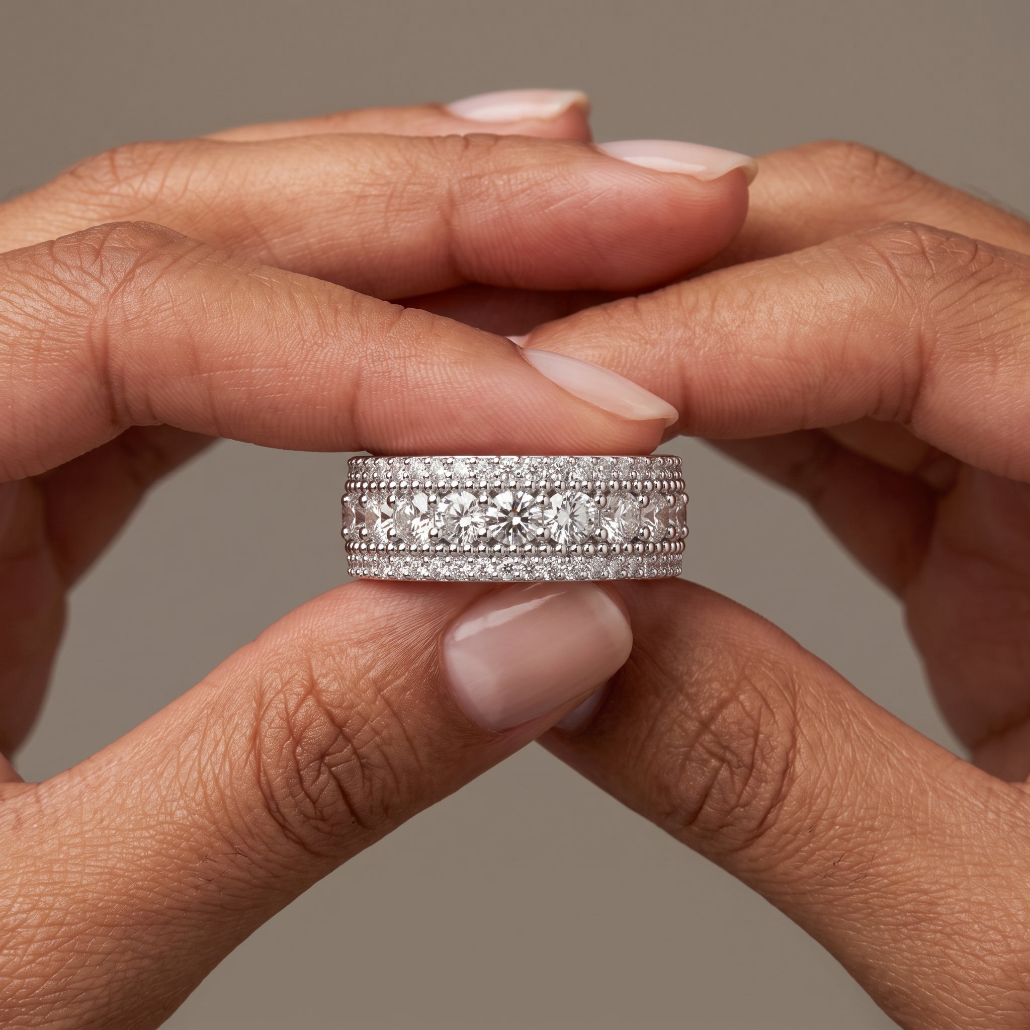 White Metal Round Moissanite Wide Band Ring