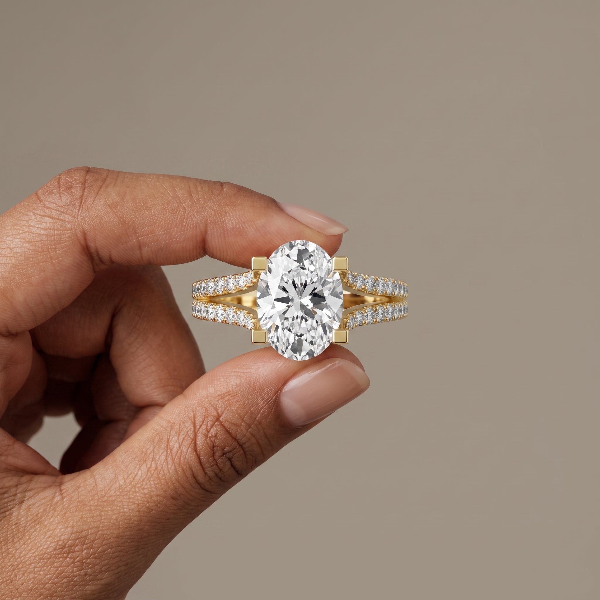 Yellow Gold Oval Cut Moissanite Split Shank Engagement Ring