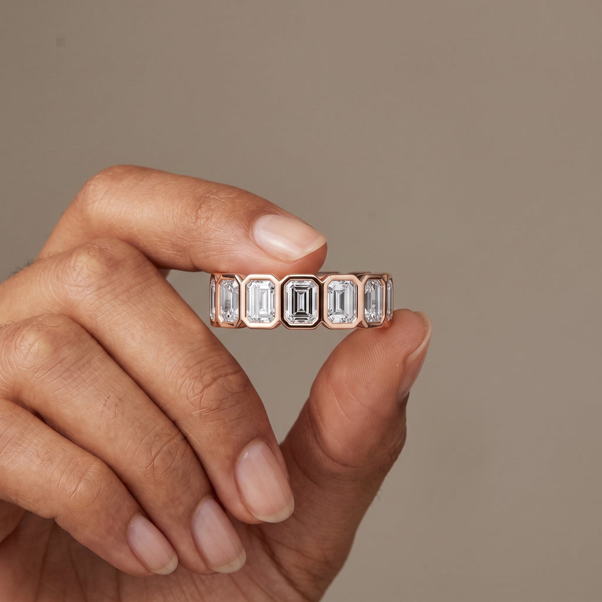Rose Gold Emerald Cut Moissanite Eternity Band Ring