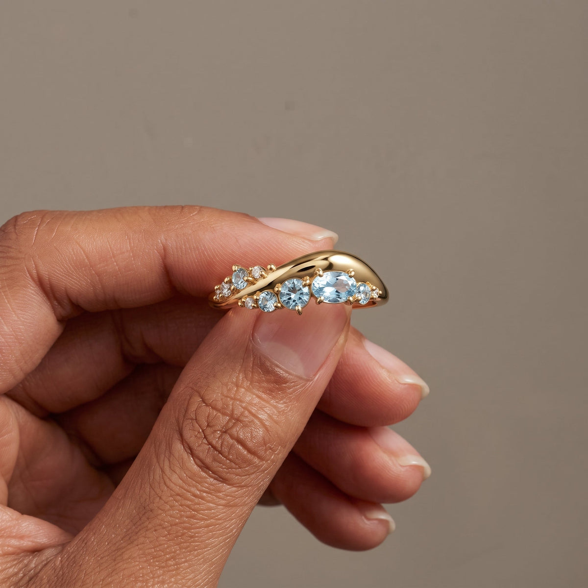 Yellow Gold Oval & Round Moissanite Curved Band Ring