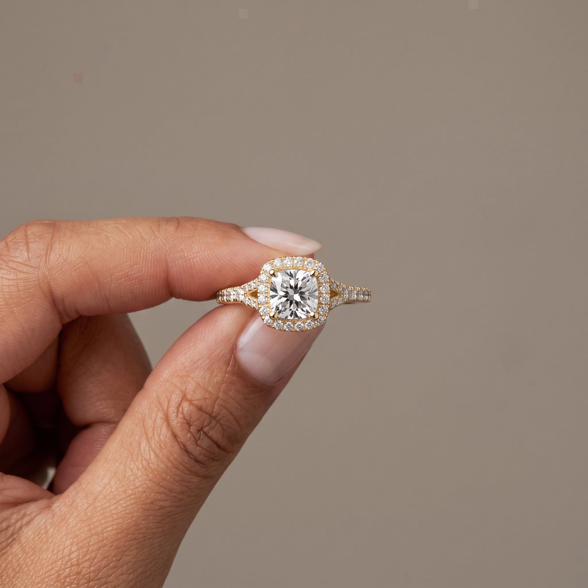 Yellow Gold Cushion Cut Moissanite Halo Engagement Ring