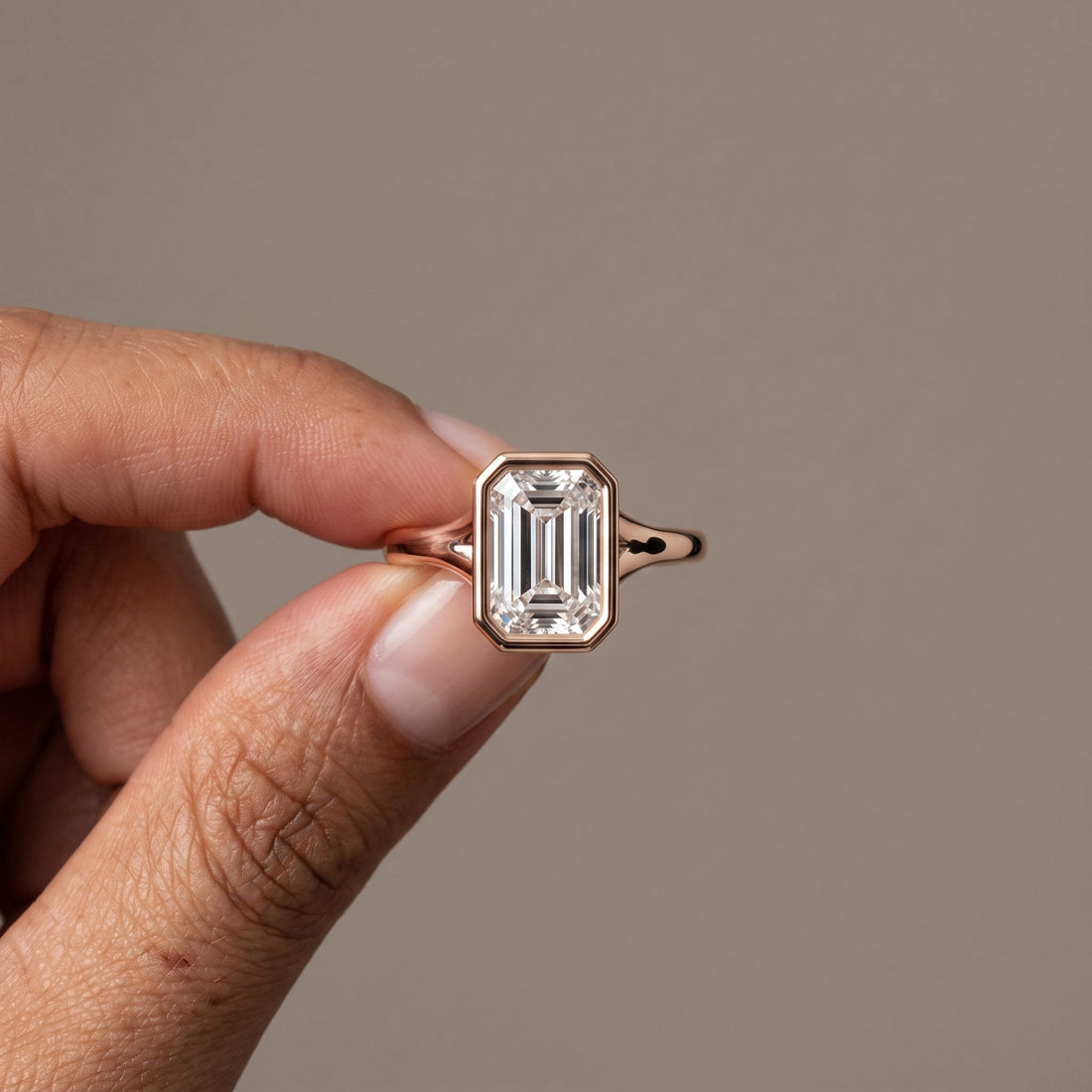 Rose Gold Emerald Cut Bezel Engagement Ring