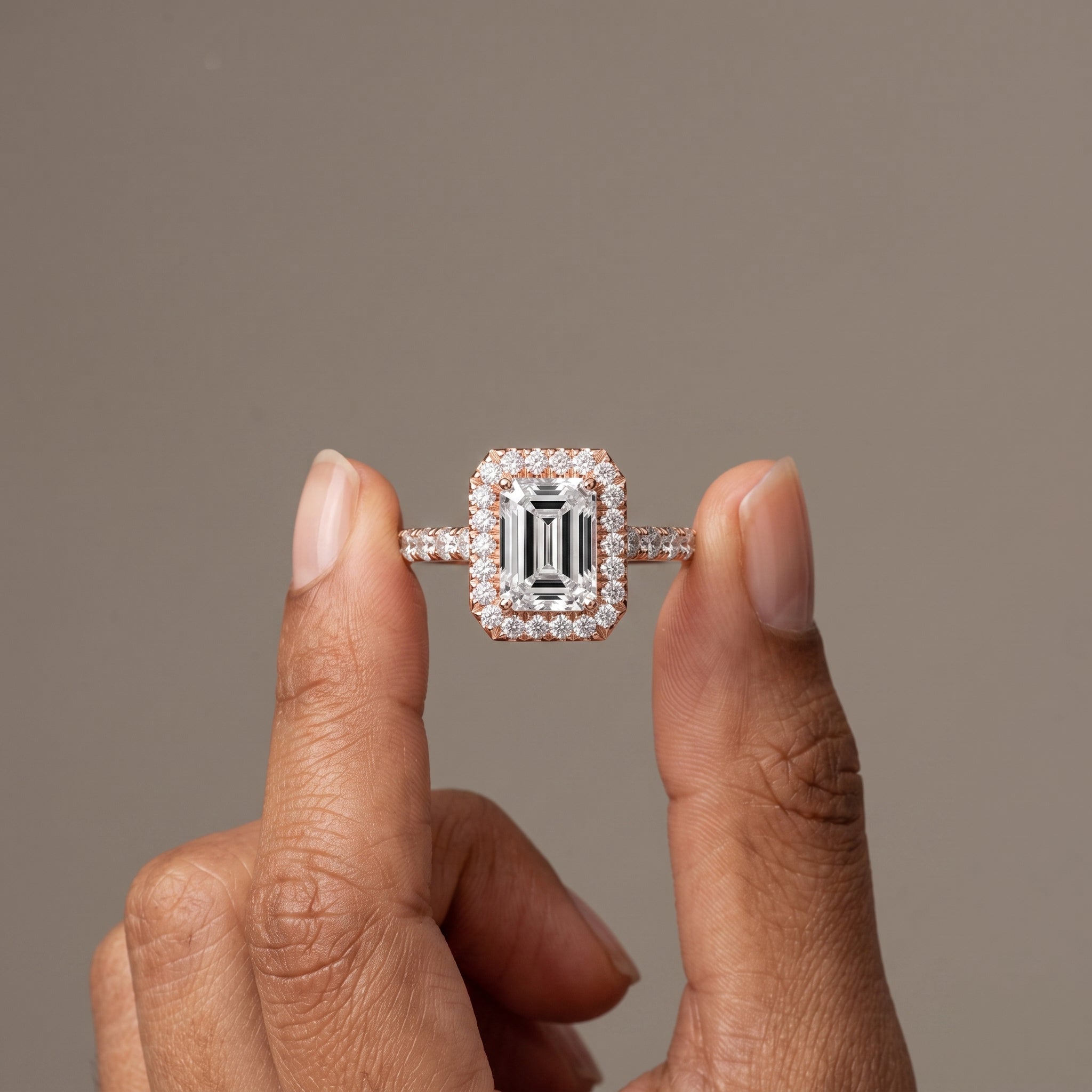 Rose Gold Emerald Cut Moissanite Halo Engagement Ring