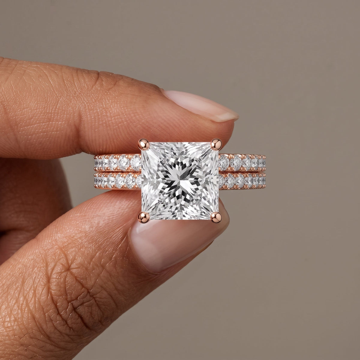 Rose Gold Princess Cut Moissanite Bridal Ring Set