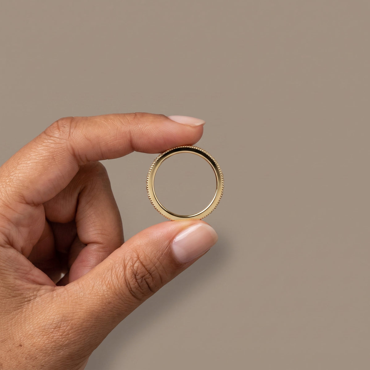 Yellow Gold Round Moissanite Milgrain Band Ring
