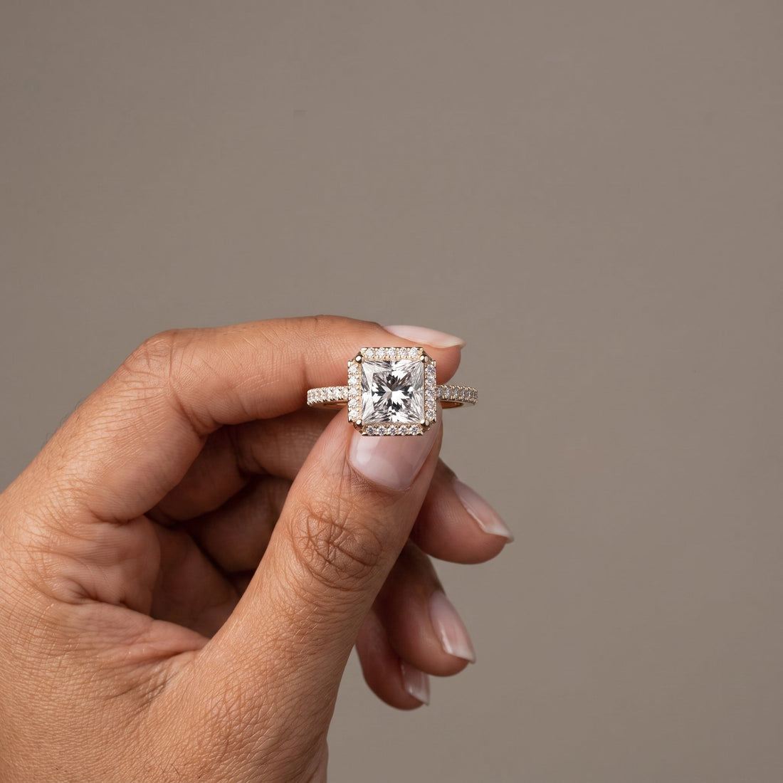 White Metal Princess Cut Halo Engagement Ring