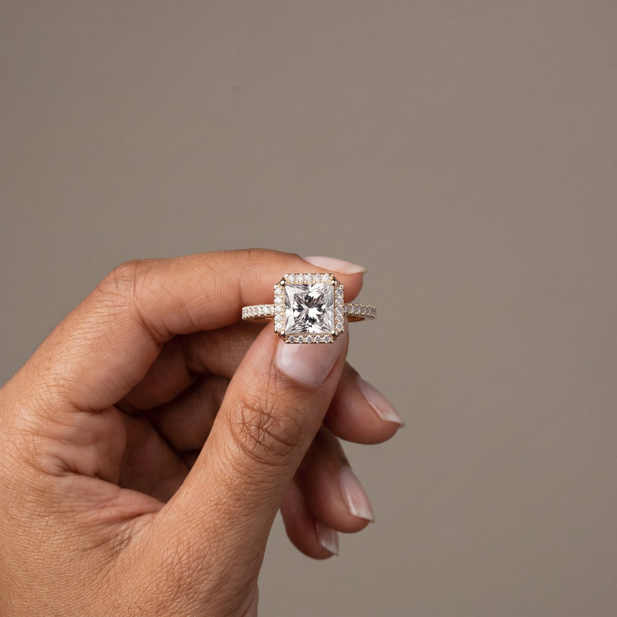 White Metal Princess Cut Moissanite Halo Engagement Ring