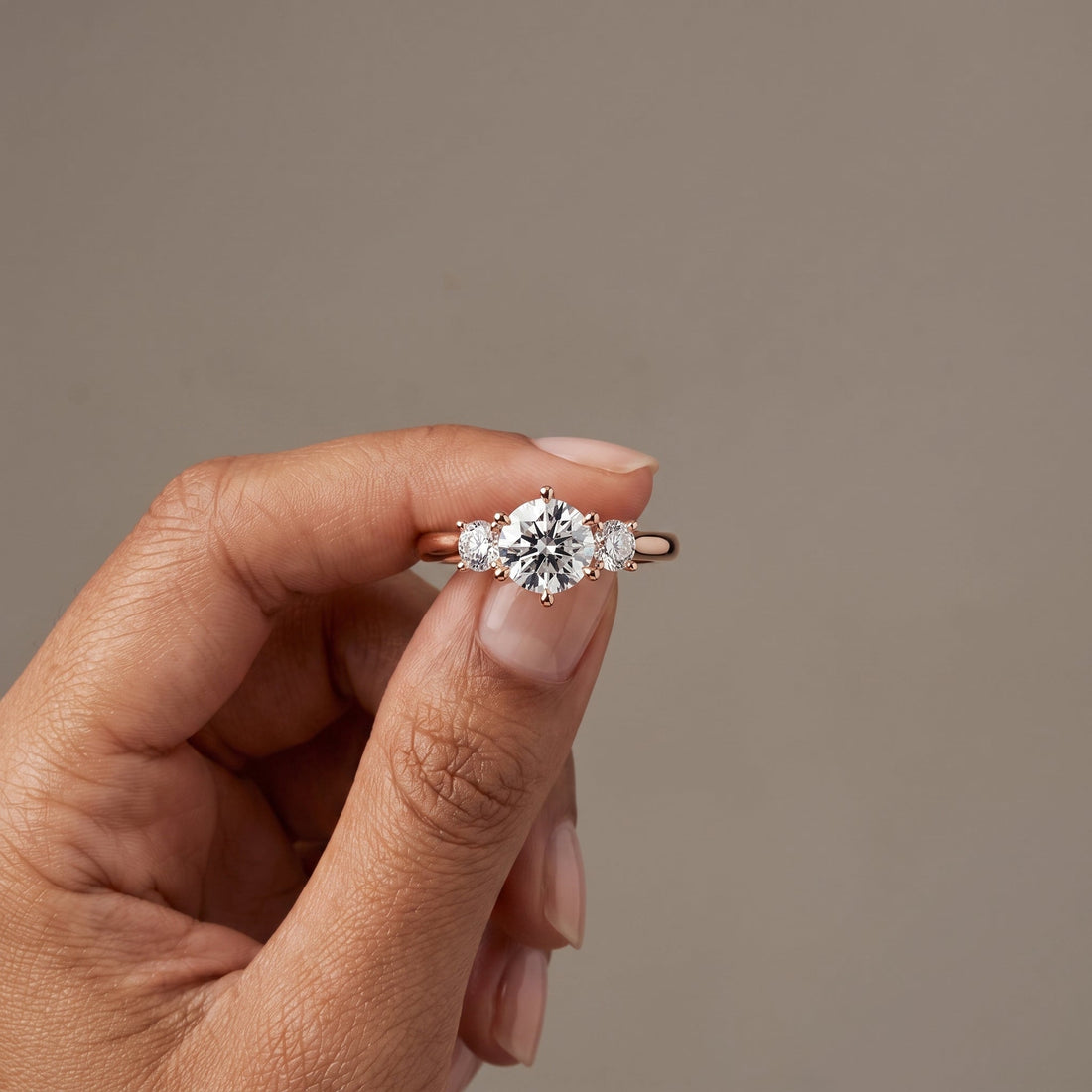 Rose Gold Round Three Stone Engagement Ring