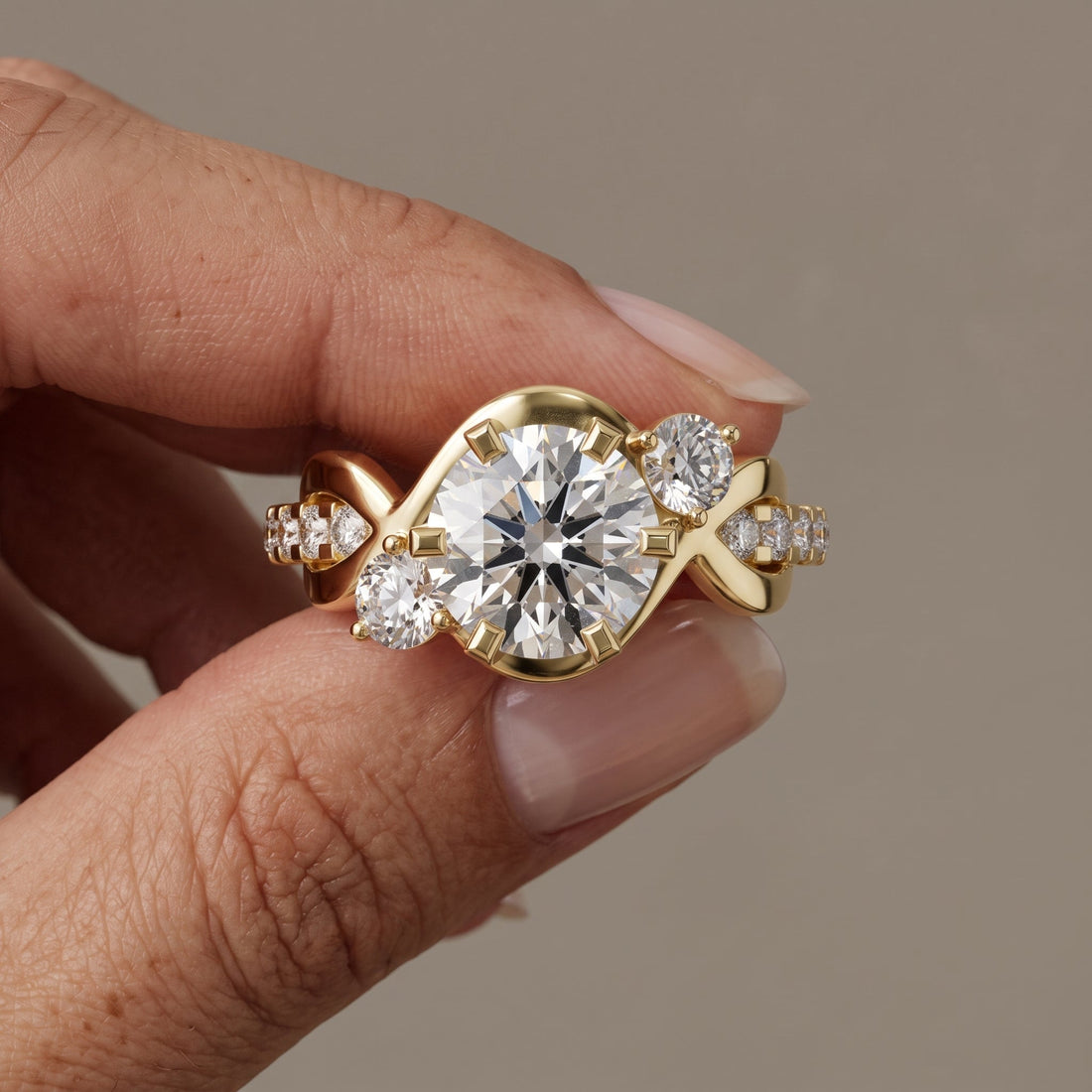 Yellow Gold Round Twisted Three Stone Engagement Ring