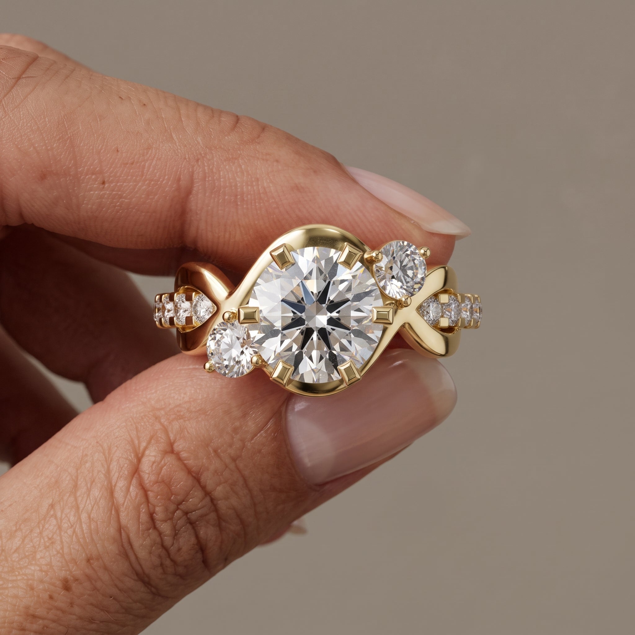 Yellow Gold Round Moissanite Twisted Three Stone Engagement Ring