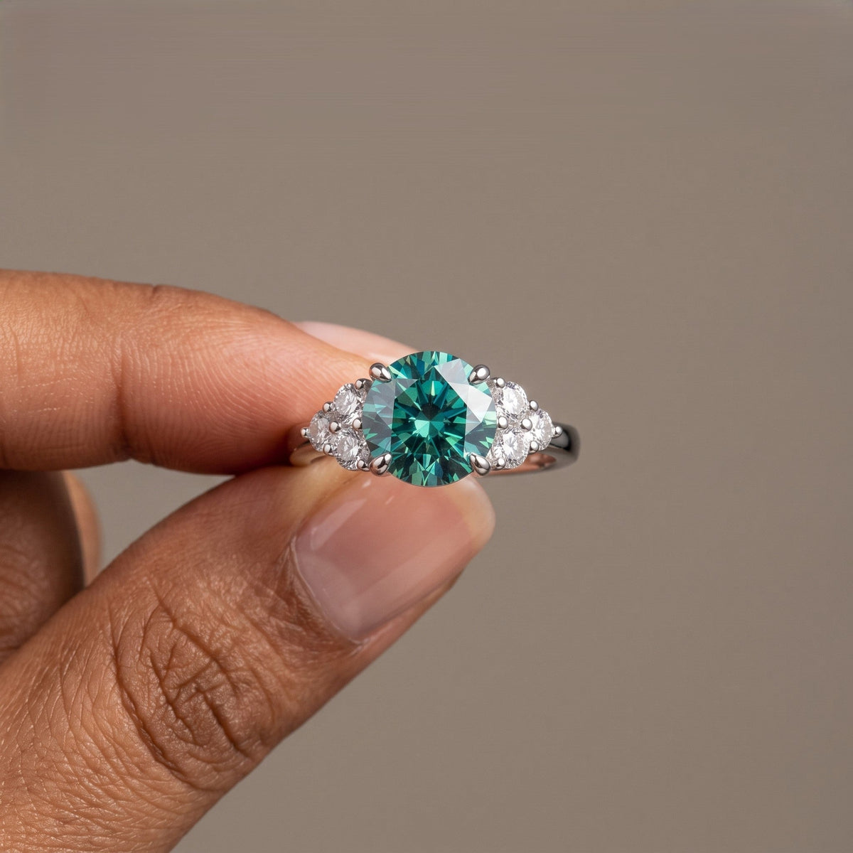 White Metal Round Moissanite Cluster Engagement Ring
