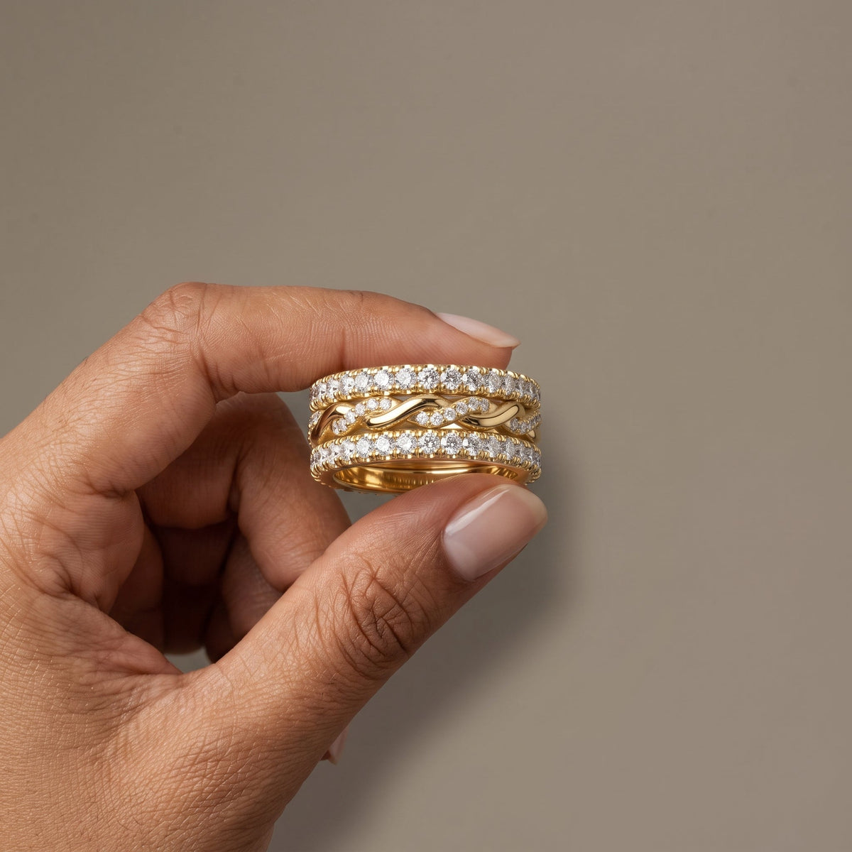 Yellow Gold Round Moissanite Twisted Stackable Band Ring