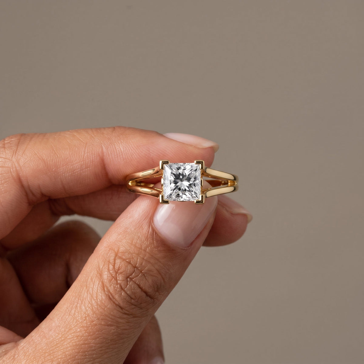Yellow Gold Princess Cut Moissanite Split Shank Engagement Ring