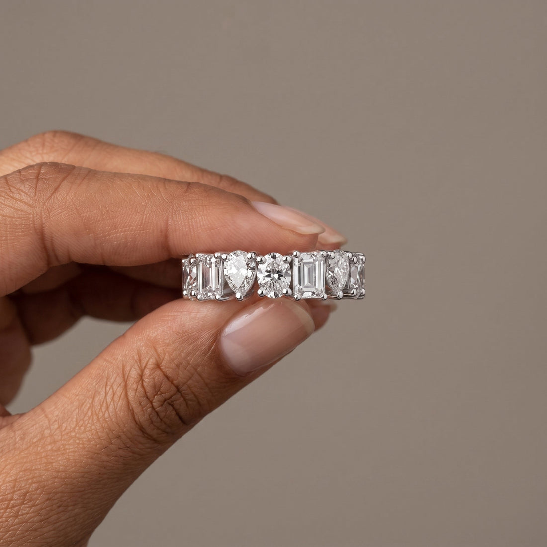 White Metal Emerald, Pear & Oval Cut Eternity Band Ring
