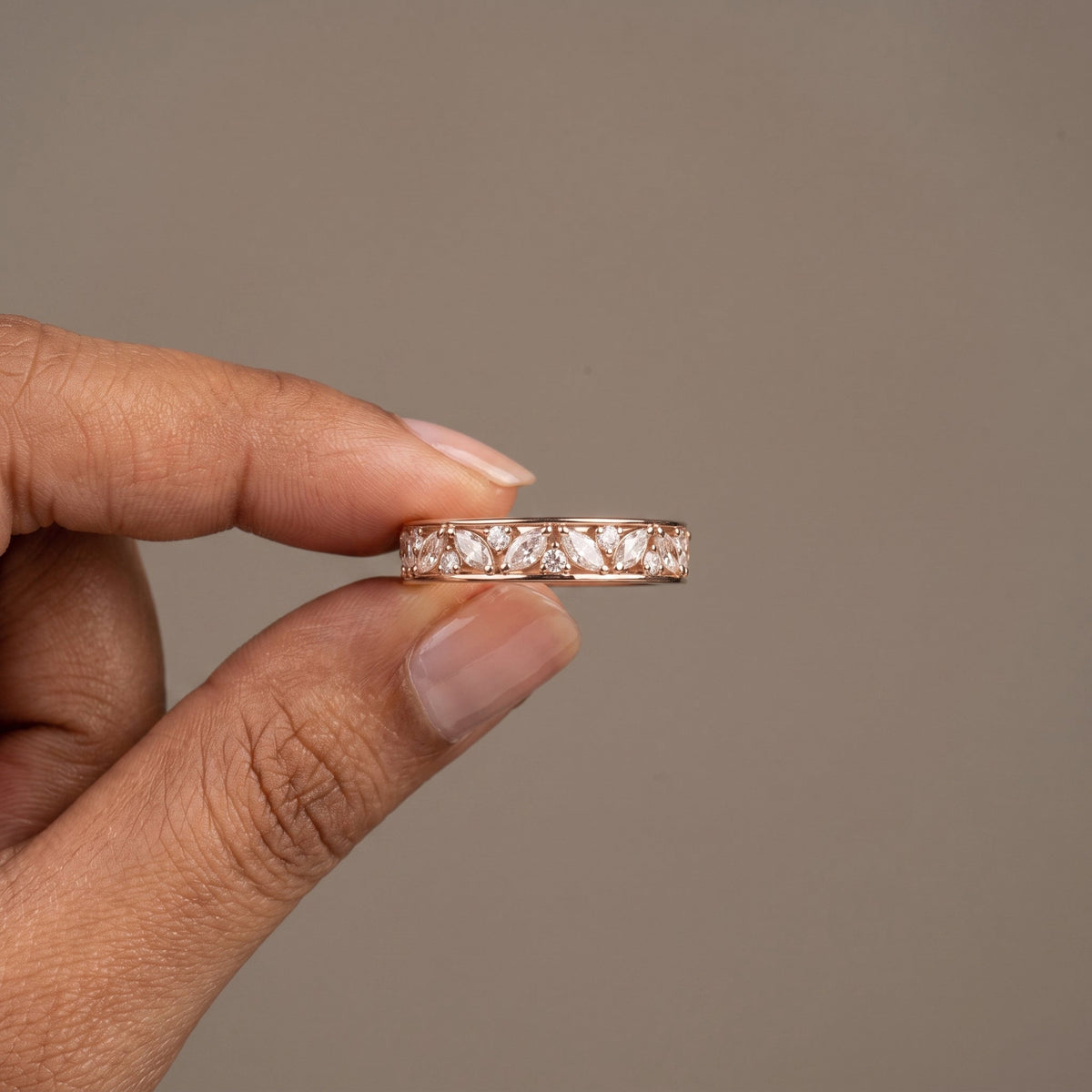 Rose Gold Marquise & Round Moissanite Band Ring