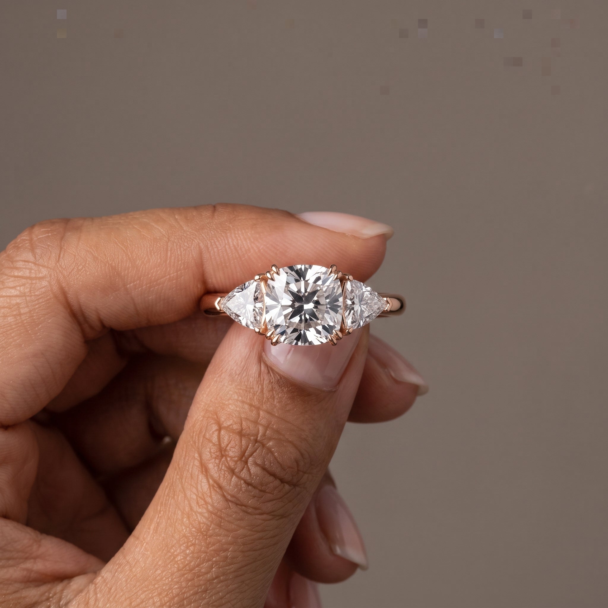 Rose Gold Cushion Cut Moissanite Three Stone Engagement Ring
