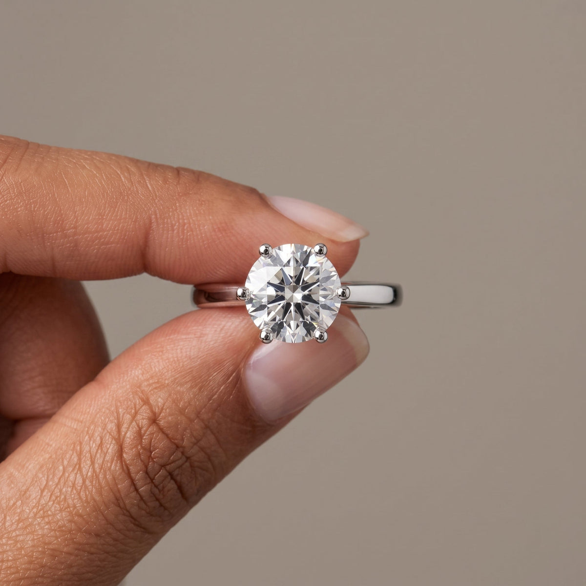 White Metal Round Brilliant Moissanite Solitaire Engagement Ring