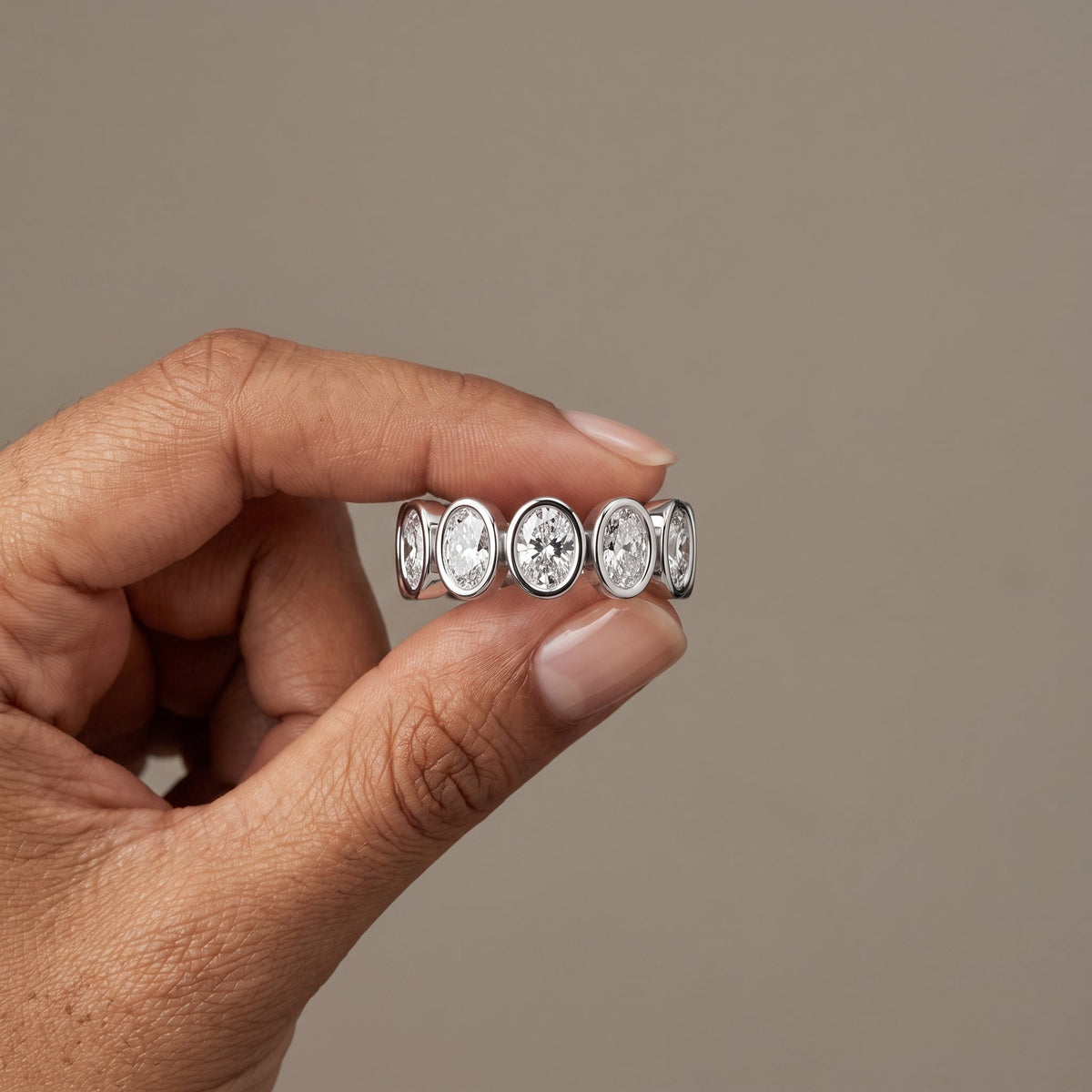 White Metal Oval Moissanite Eternity Band Ring