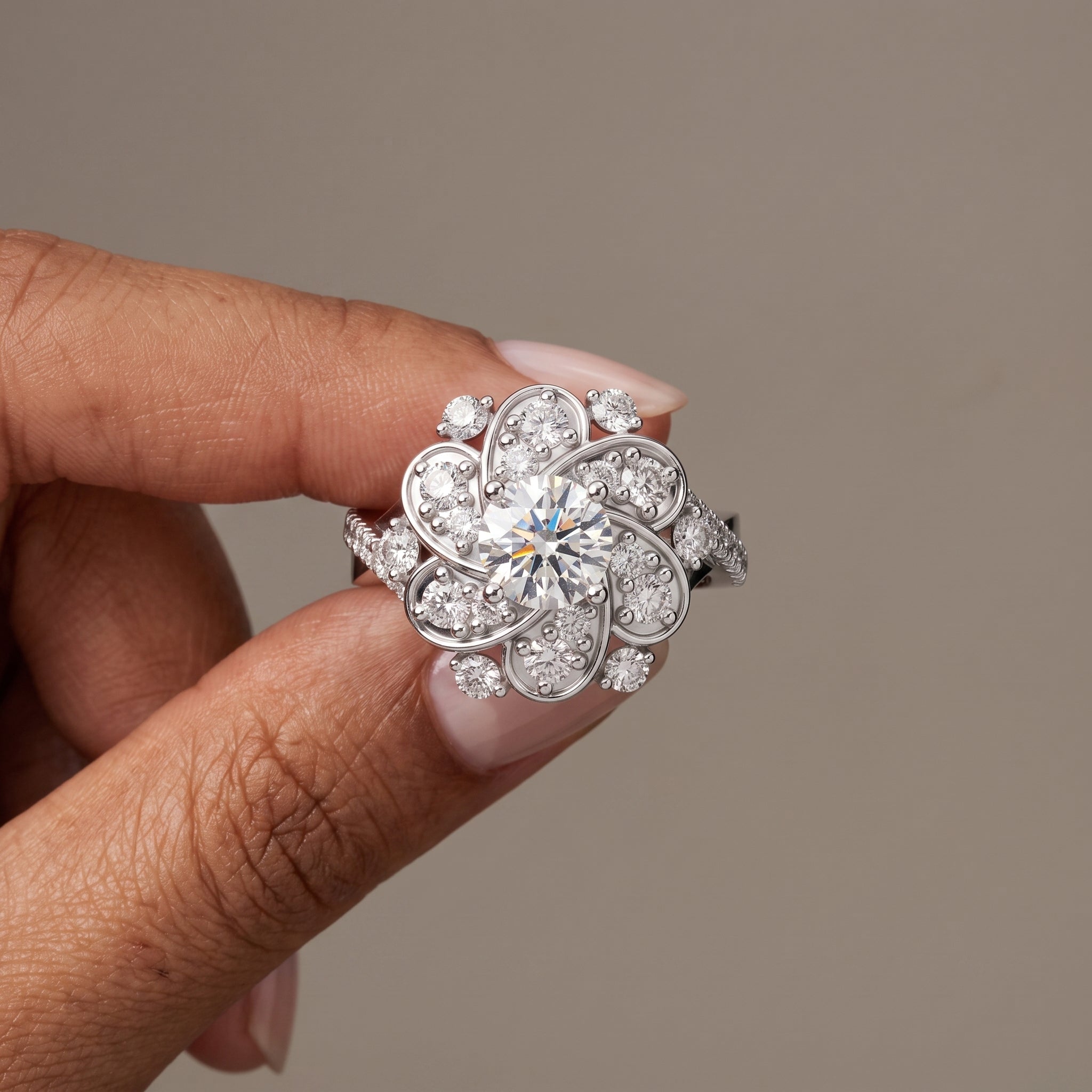 White Gold Round Moissanite Floral Halo Engagement Ring
