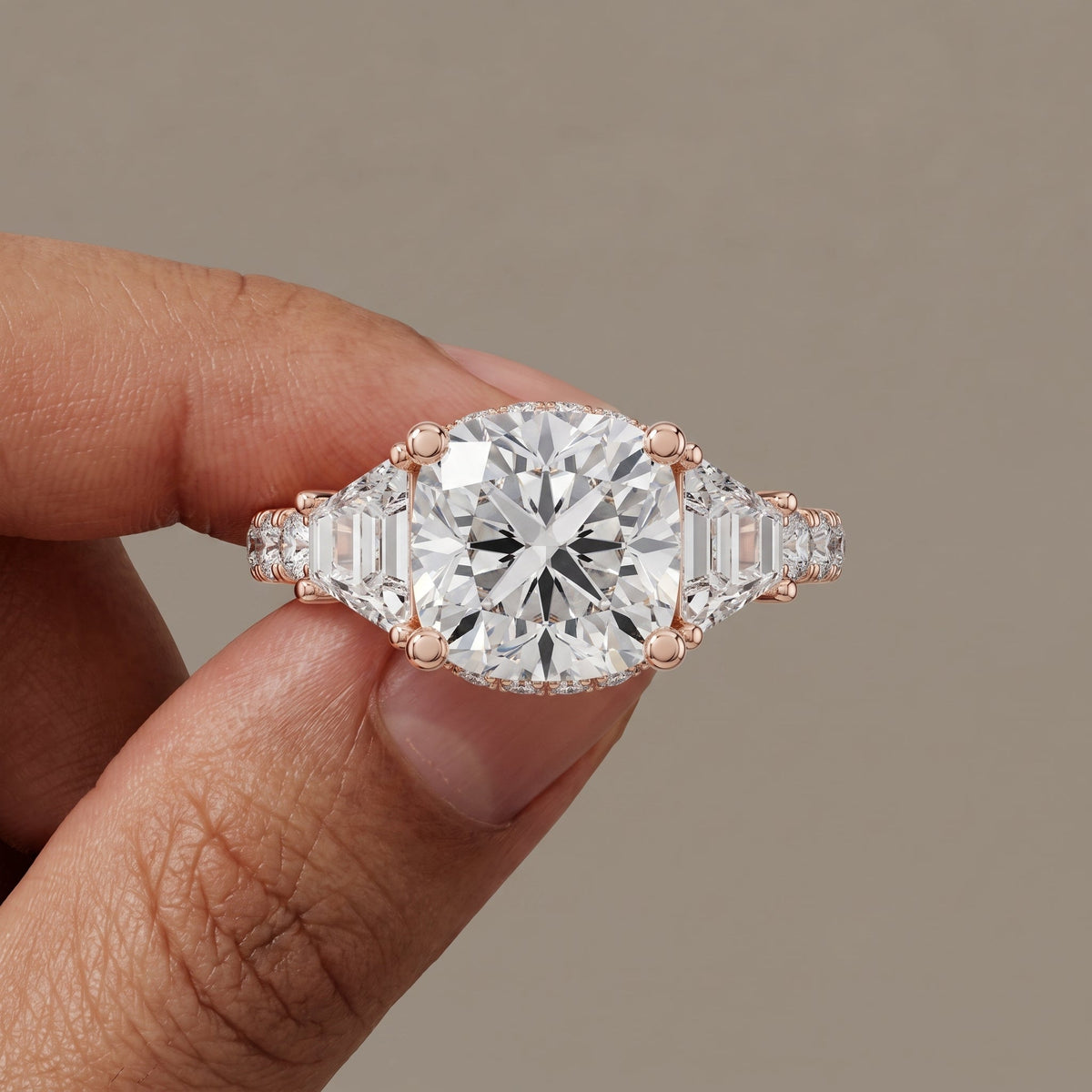Rose Gold Cushion Moissanite Engagement Ring with Tapered Side Stones
