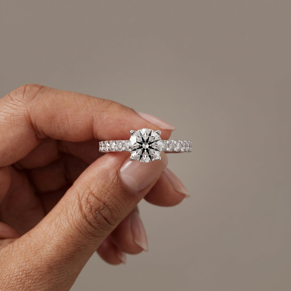 White Round Moissanite Engagement Ring with Accent Band