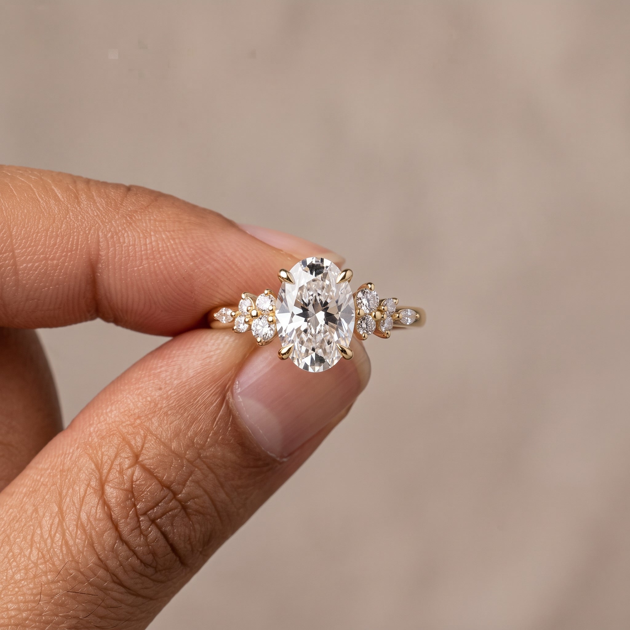 Yellow Gold Oval Cut Moissanite Floral Engagement Ring