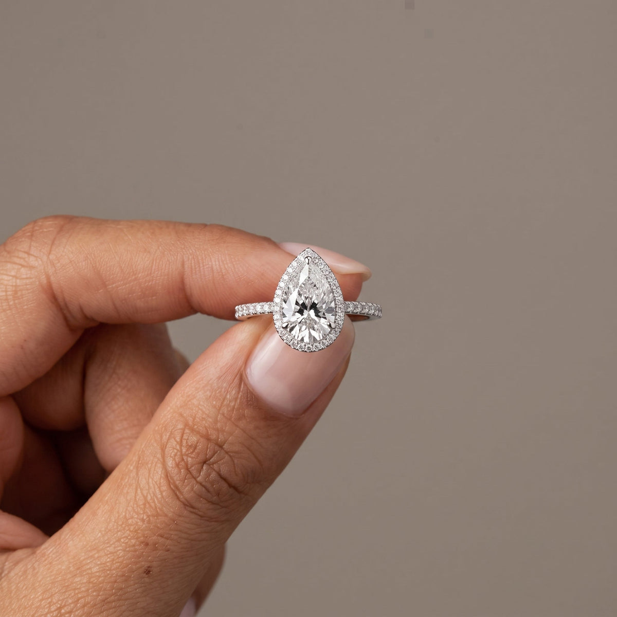 White Gold Tone Pear Moissanite Halo Engagement Ring