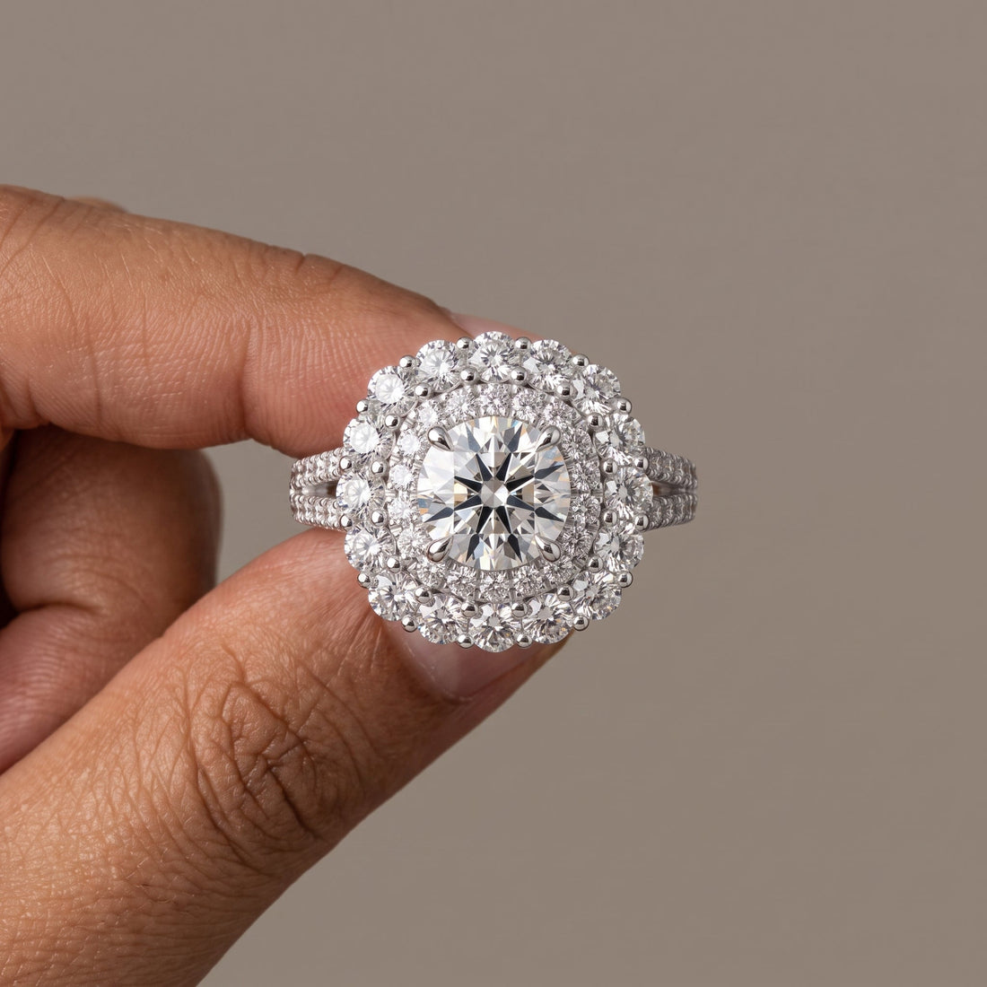 White Round Double Halo Engagement Ring