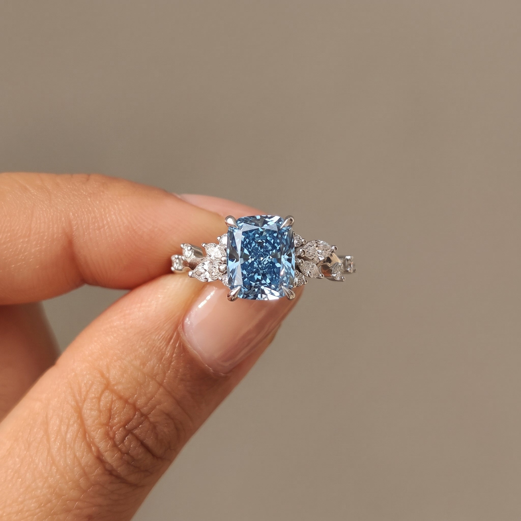 White Gold Cushion Cut Blue Moissanite Engagement Ring