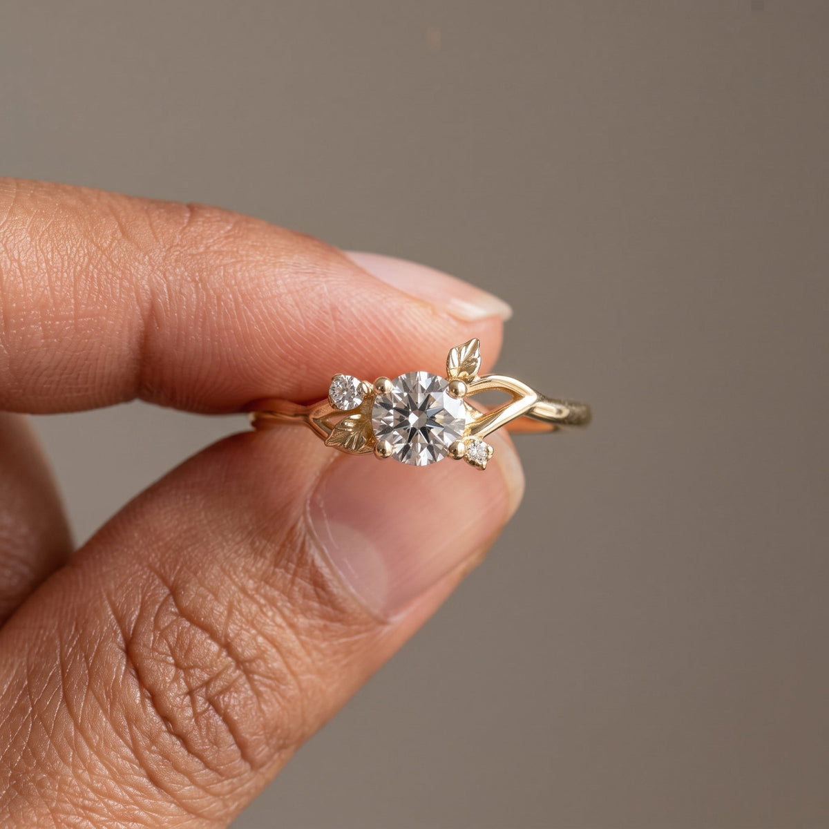Yellow Gold Round Moissanite Leaf Engagement Ring