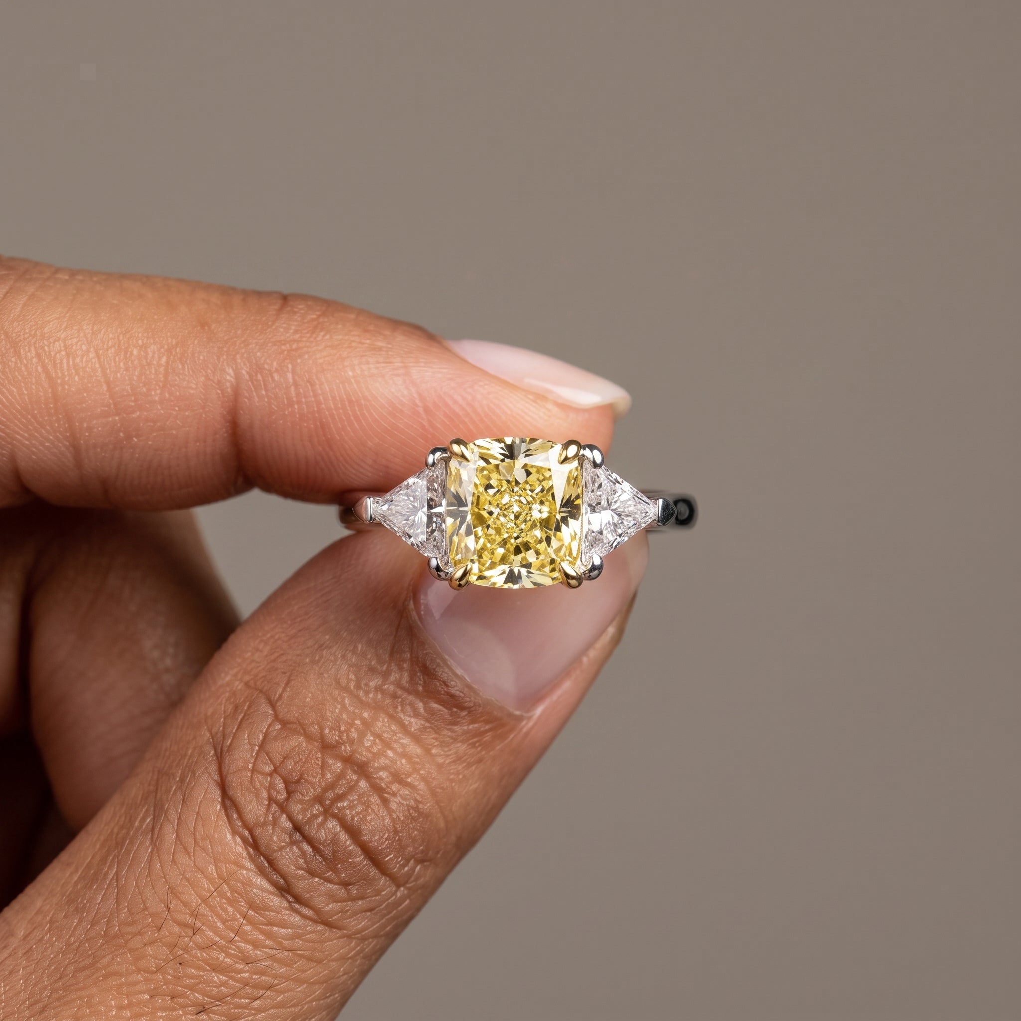 White Gold Cushion Cut Yellow Moissanite Three Stone Ring