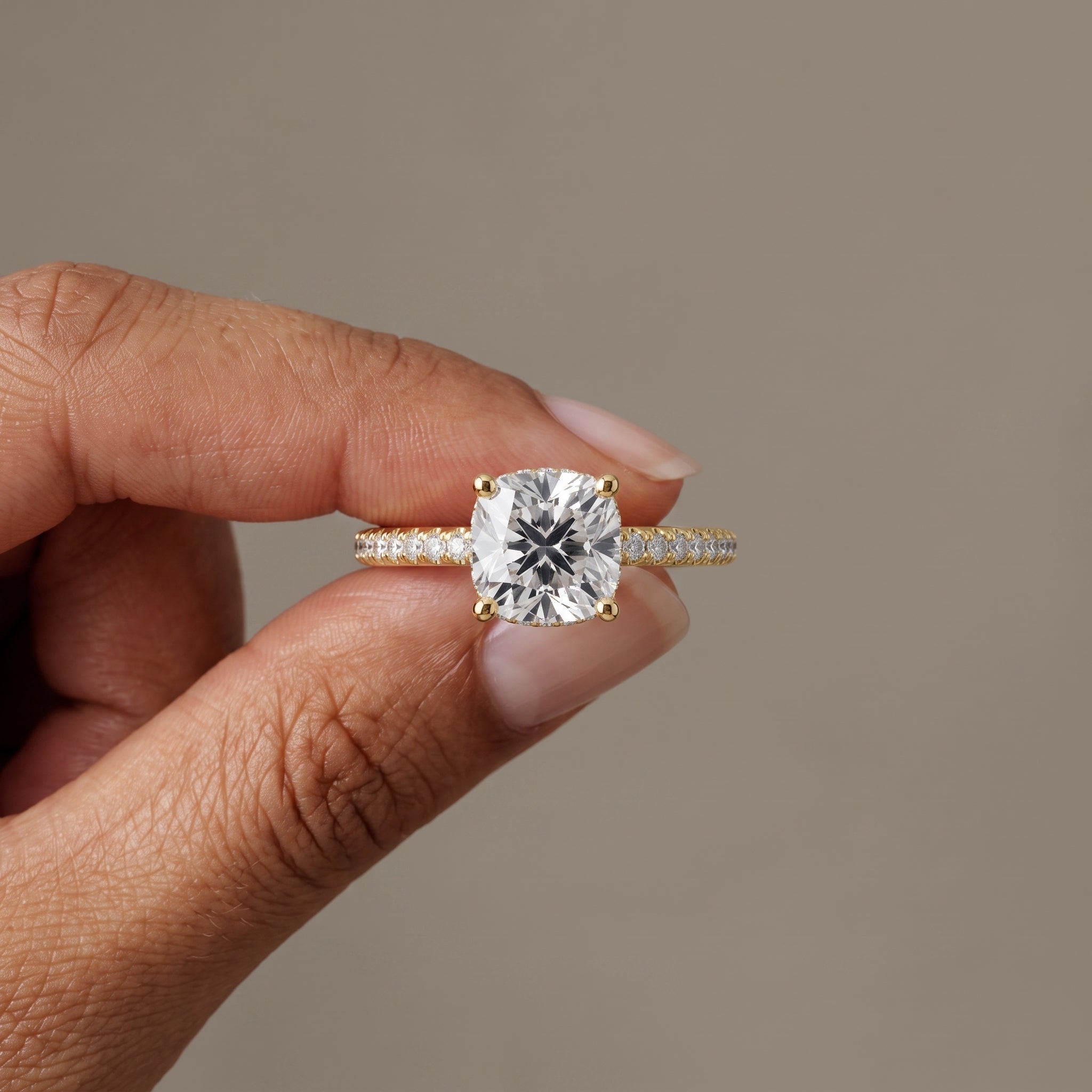 Yellow Gold Cushion Cut Moissanite Engagement Ring with Pavé Band