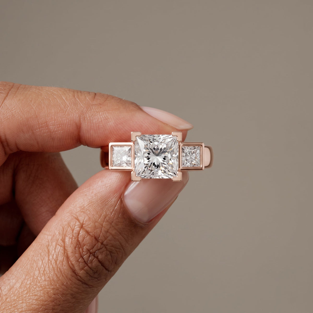 Rose Gold Princess Cut Moissanite Three-Stone Ring