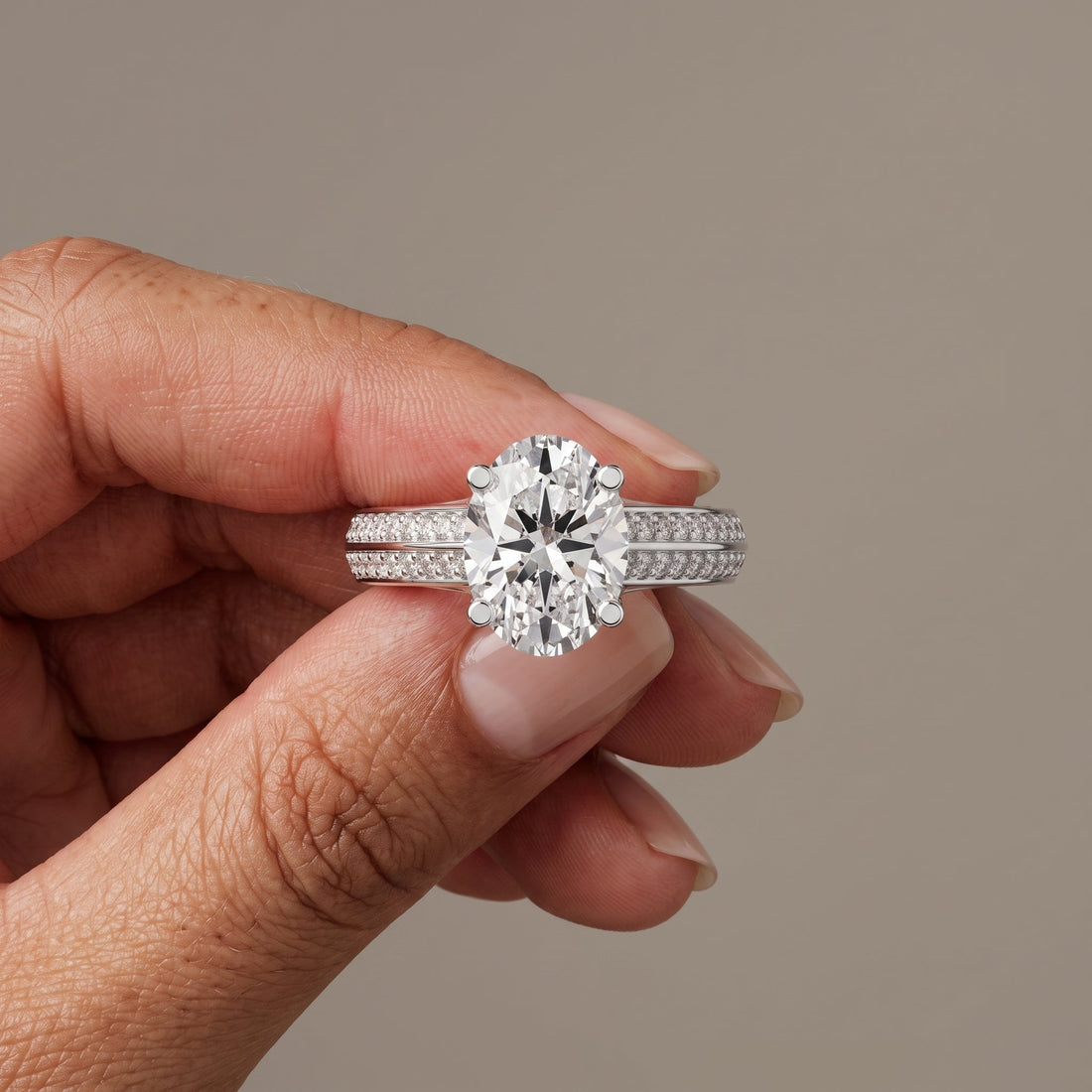 White Gold Oval Cut Engagement Ring with Pavé Band
