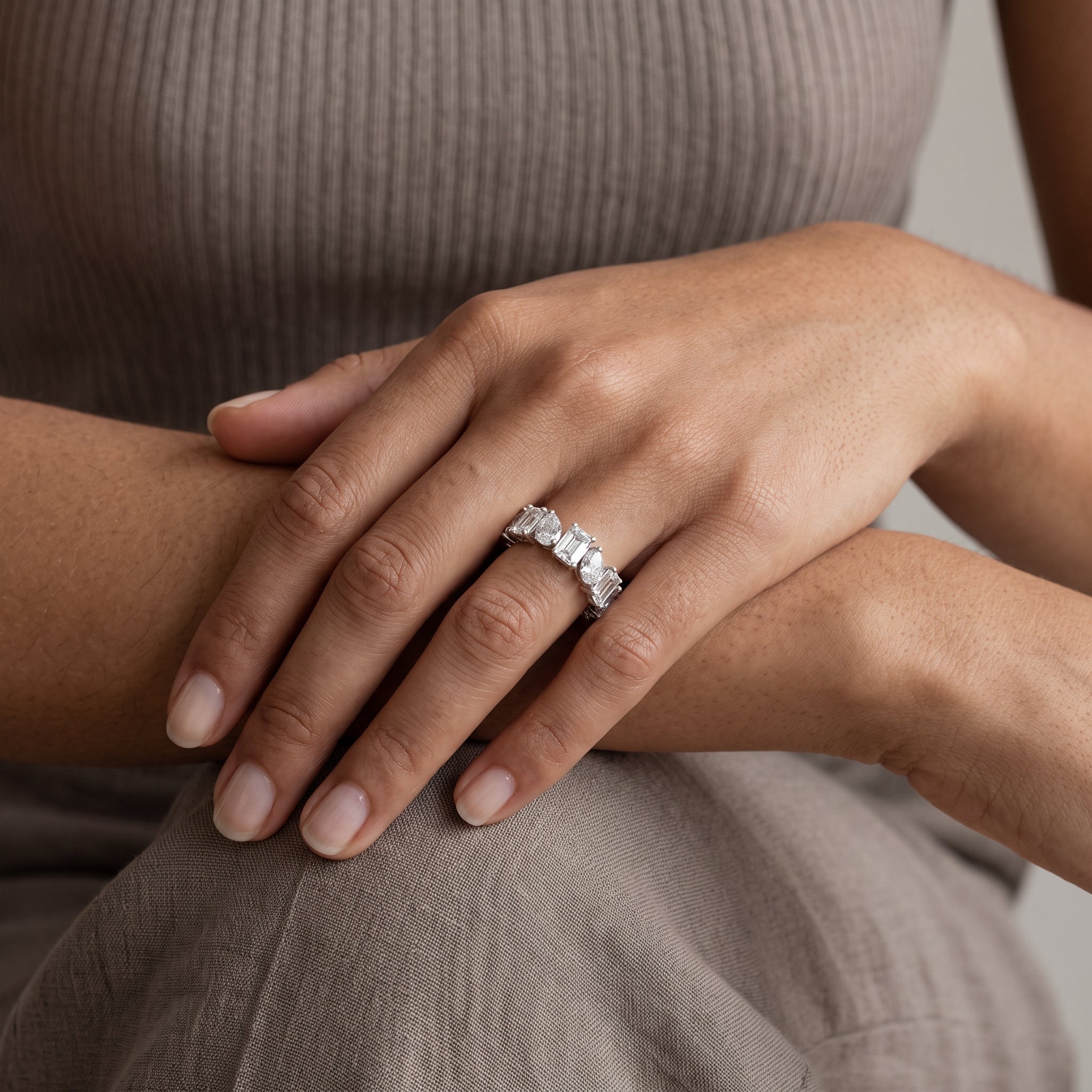 White Metal Alternating Emerald, Pear & Round Moissanite Eternity Band Ring