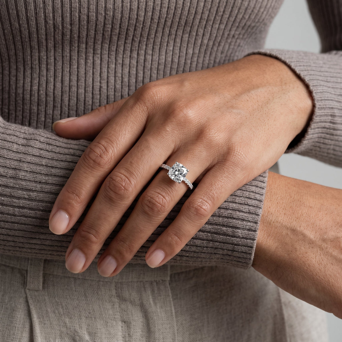 White Metal Cushion Cut Moissanite Engagement Ring