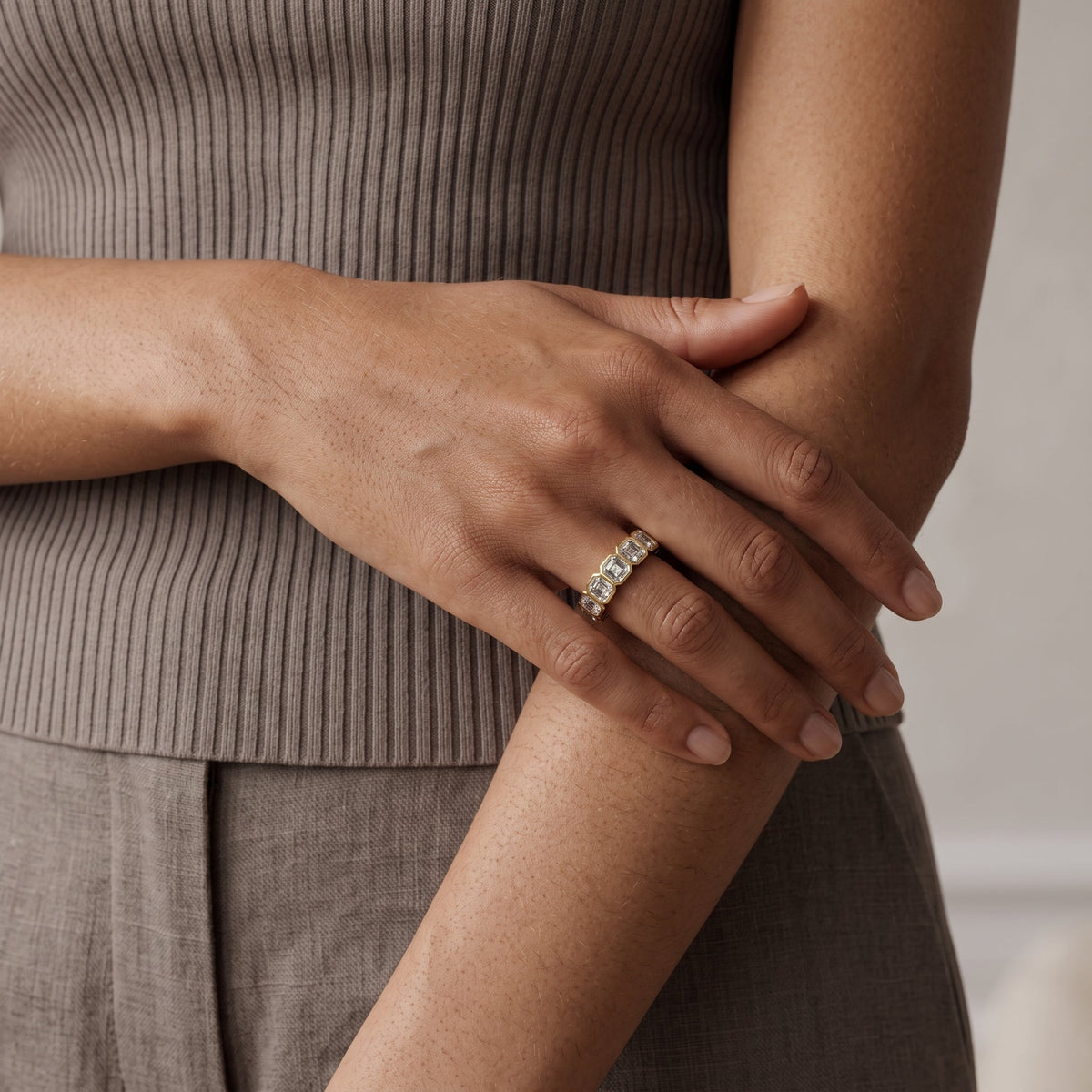 Yellow Gold Asscher Cut Moissanite Eternity Band Ring