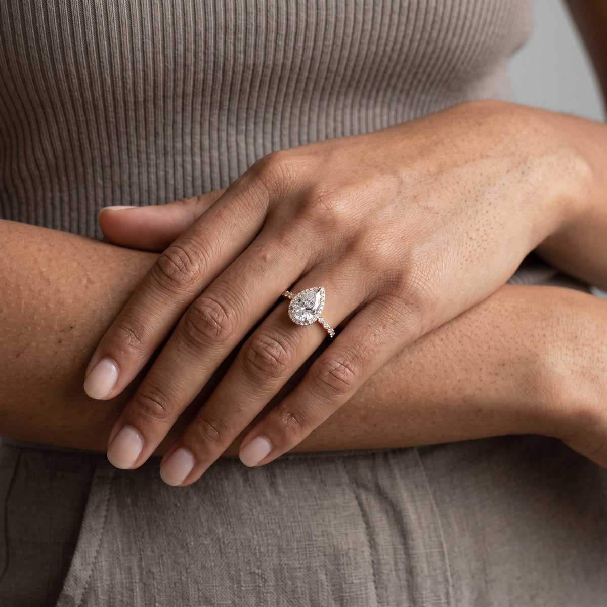 Rose Gold Pear Cut Moissanite Halo Engagement Ring