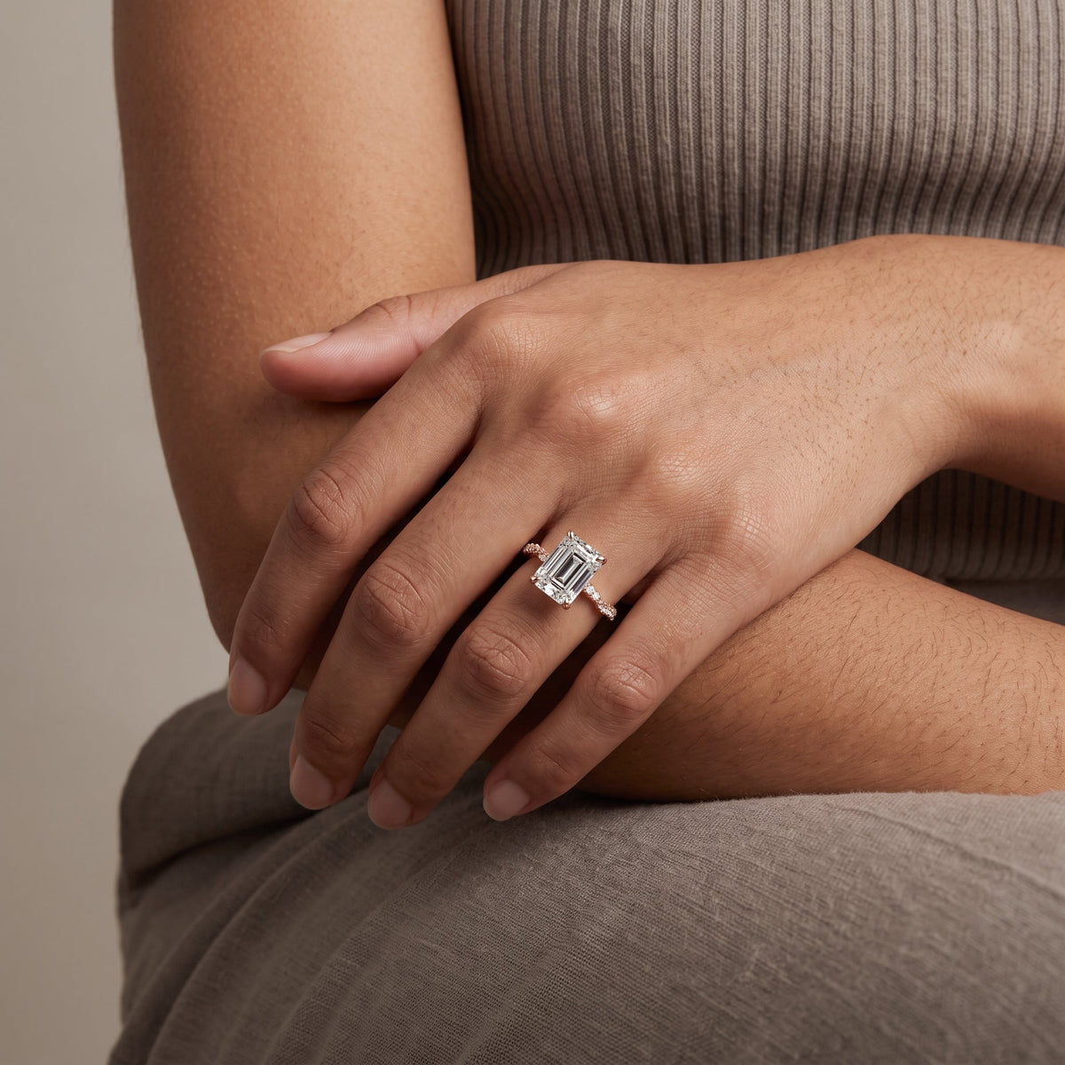 Rose Gold Emerald Cut Moissanite Engagement Ring