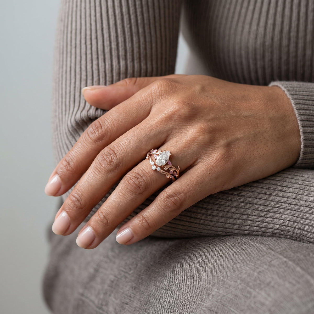 Rose Gold Pear Cut Moissanite Nature-Inspired Engagement Ring