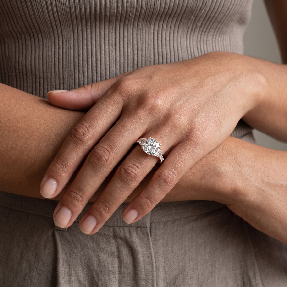 Rose Gold Cushion Moissanite Engagement Ring with Tapered Side Stones