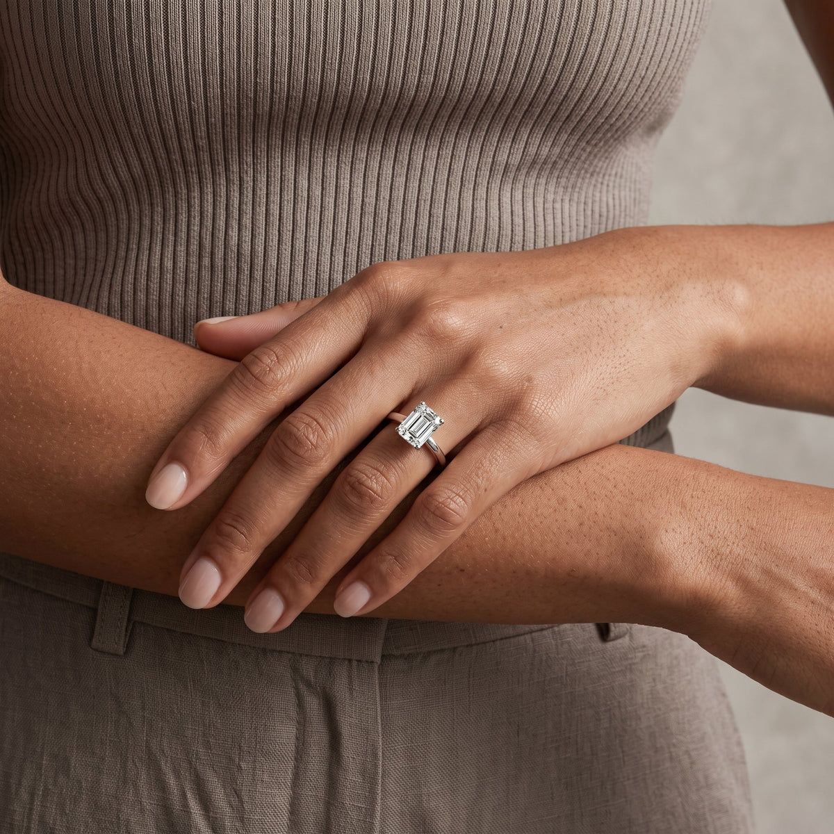 White Emerald Cut Moissanite Solitaire Engagement Ring