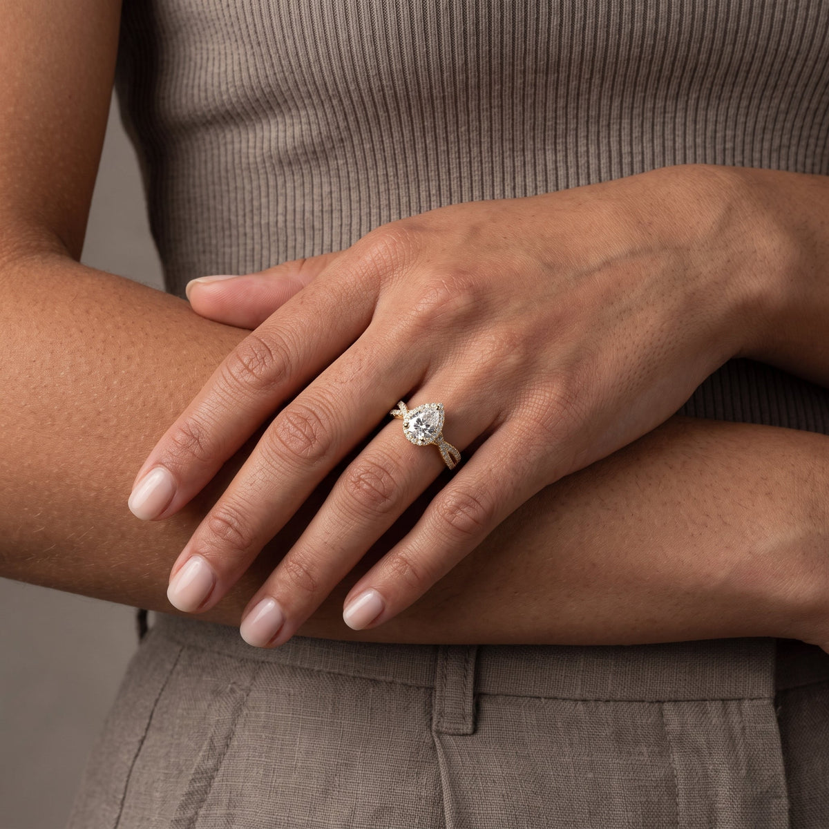 Yellow Gold Pear Cut Moissanite Halo Engagement Ring