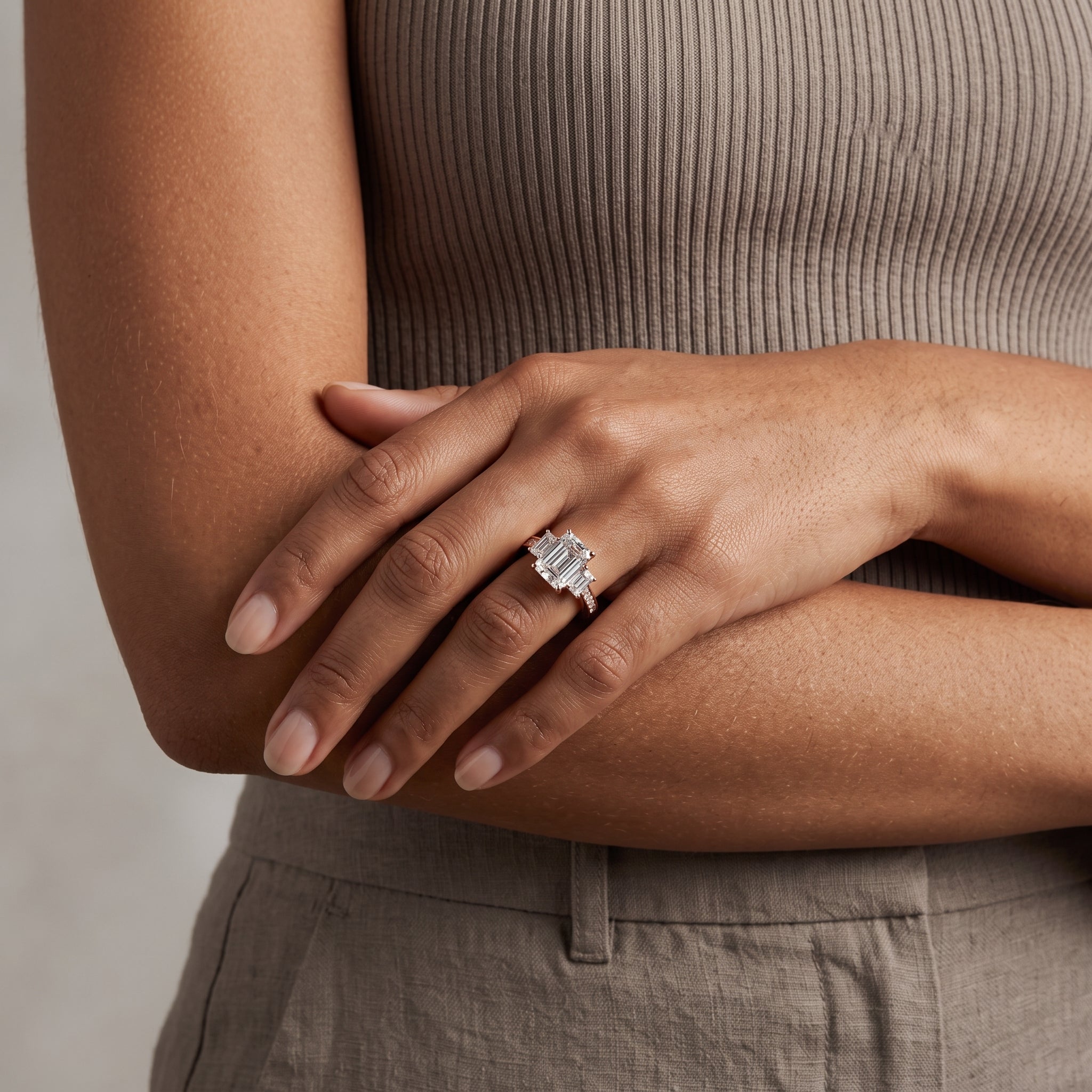 Rose Gold Emerald Cut Moissanite Three Stone Engagement Ring