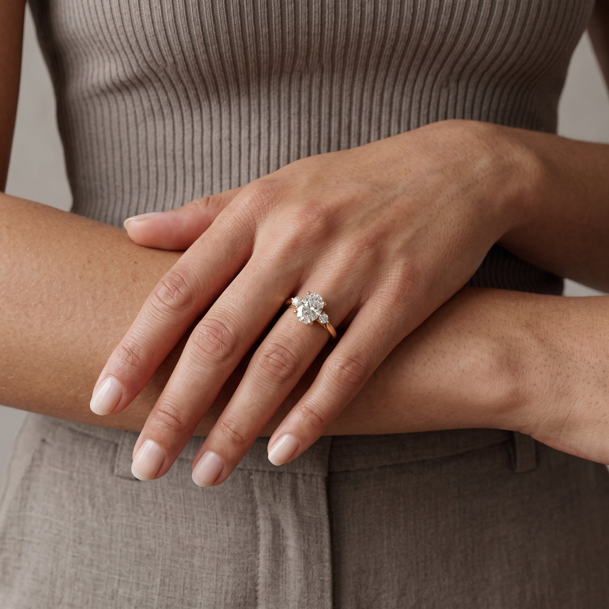 Yellow Gold Oval Moissanite Three Stone Engagement Ring