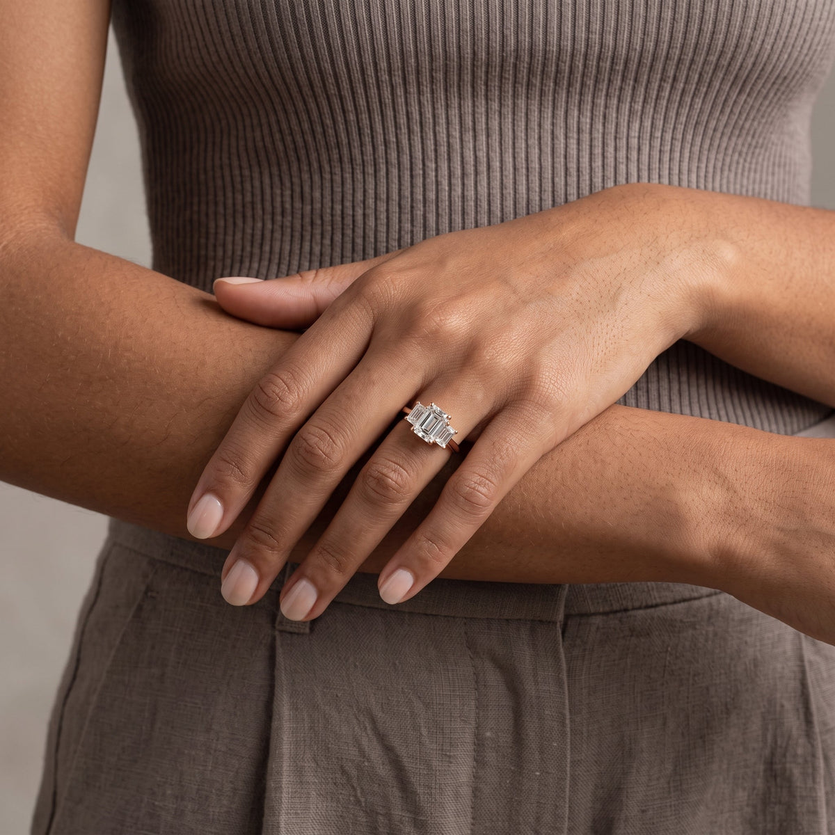 Rose Gold Emerald Cut Moissanite Three Stone Engagement Ring