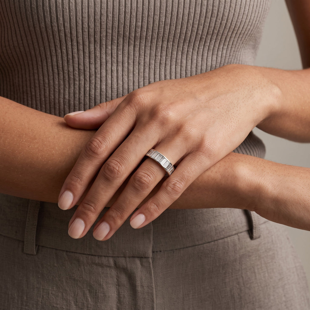 White Metal Baguette Cut Moissanite Eternity Band Ring