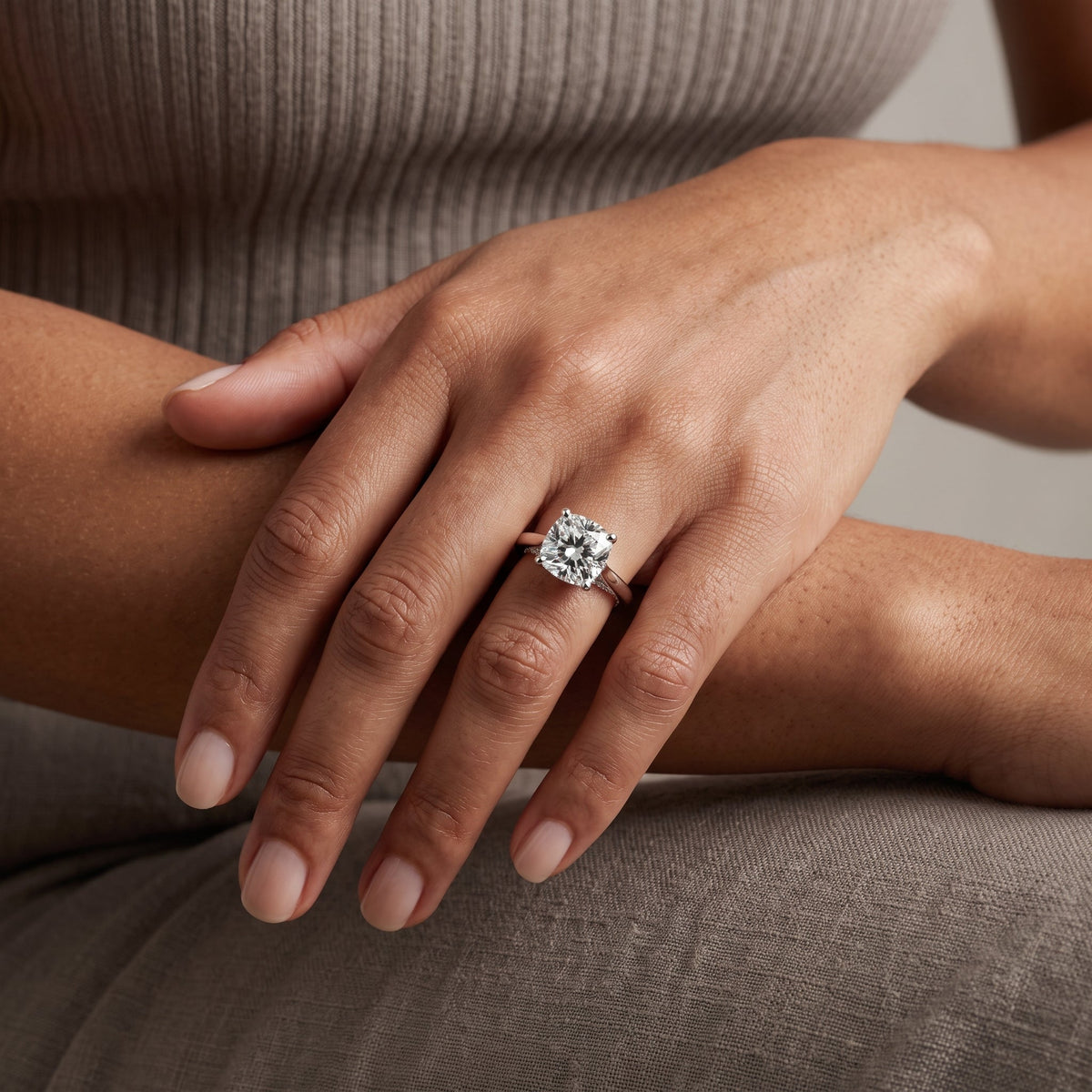 White Cushion Cut Moissanite Solitaire Engagement Ring