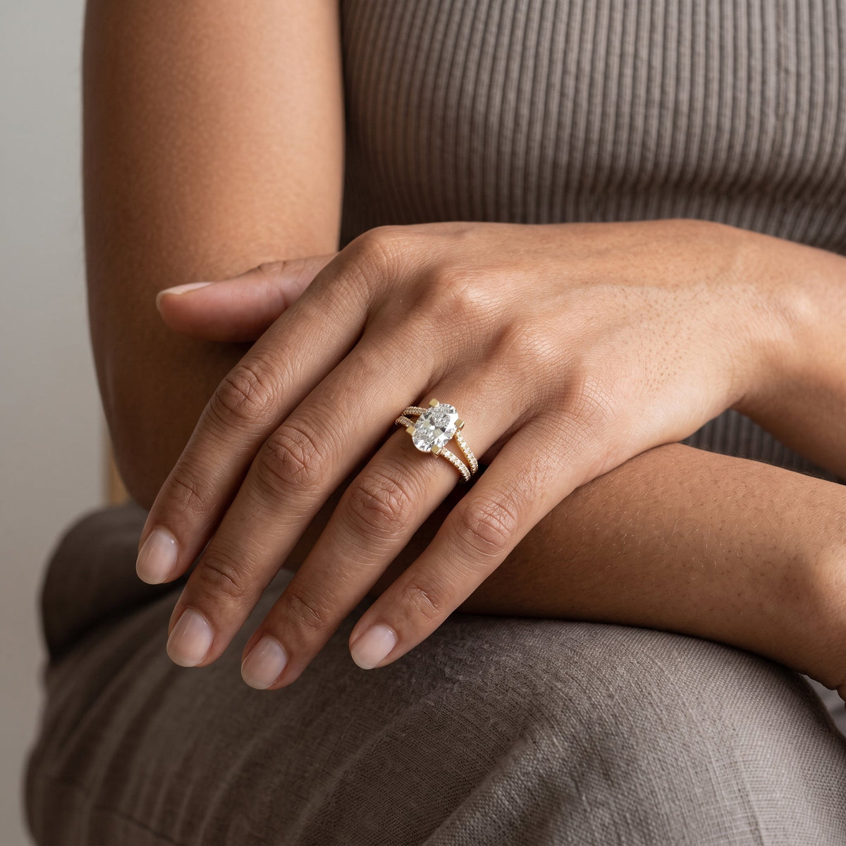 Yellow Gold Oval Cut Moissanite Split Shank Engagement Ring