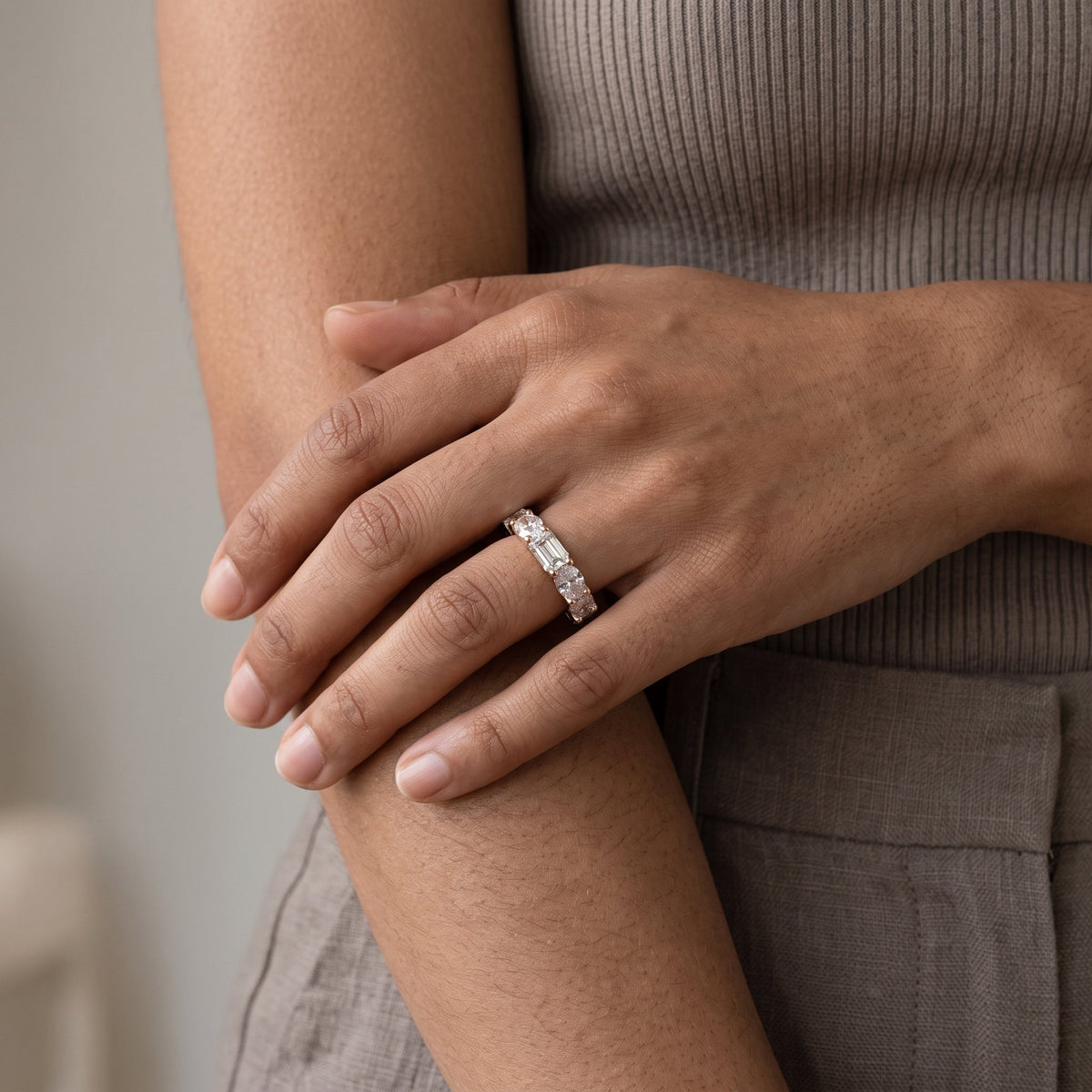 Rose Gold Alternating Oval & Emerald Cut Moissanite Eternity Band